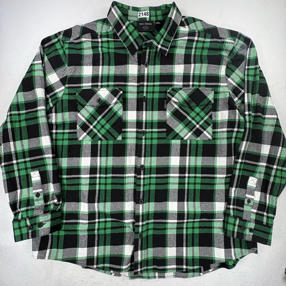 Harley-Davidson Flannel Shirt Mens 4XL Green Plaid Long Sleeve Button Up Casual